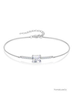 925 Sterling Silver Halo Rectangular Cut Birthstone Bracelet for Her